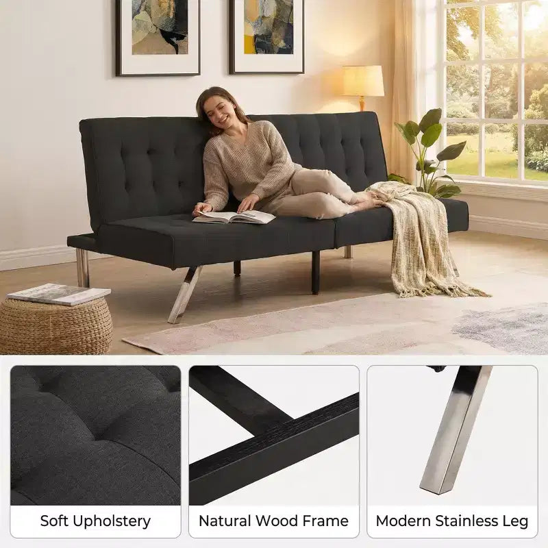 Divano Letto Futon Convertibile in Tessuto, Divano Letto Moderno Regolabile con Cuscino Trapuntato, Divano Letto per Ospiti per Piccoli Spazi in Soggiorno