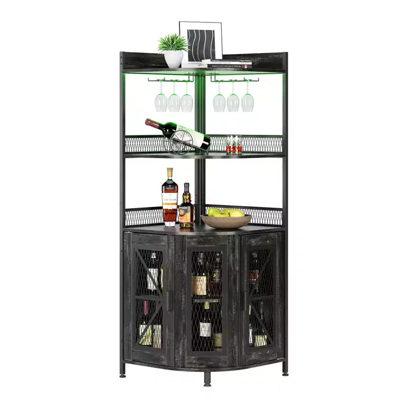 Mobile Bar ad Angolo Industriale con Presa Elettrica, Cantinetta Porta Bottiglie a 5 Livelli con Striscia LED e Porta Bicchieri, Armadietto Espositivo per Liquori per Bar di Casa