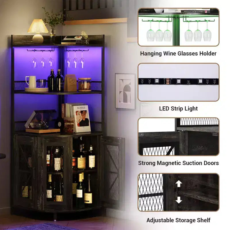 Mobile Bar ad Angolo Industriale con Presa Elettrica, Cantinetta Porta Bottiglie a 5 Livelli con Striscia LED e Porta Bicchieri, Armadietto Espositivo per Liquori per Bar di Casa