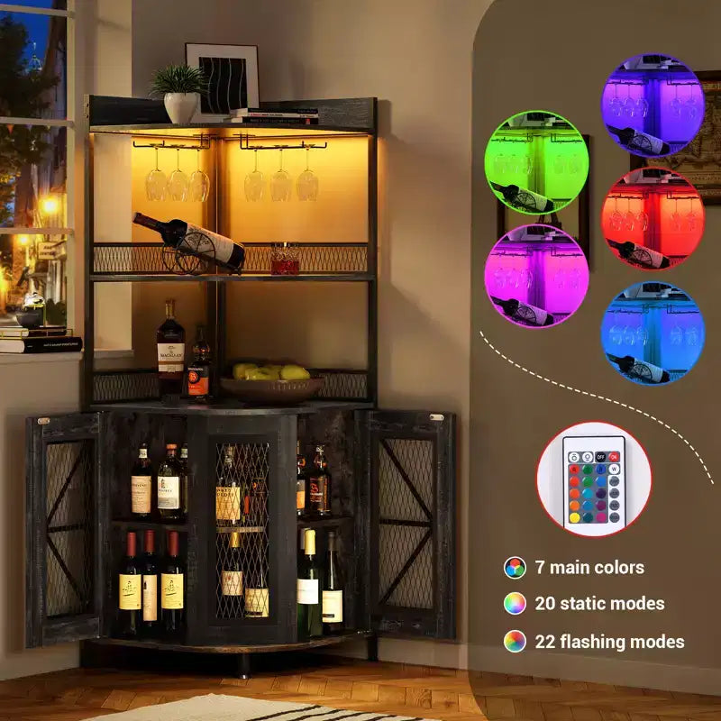 Mobile Bar ad Angolo Industriale con Presa Elettrica, Cantinetta Porta Bottiglie a 5 Livelli con Striscia LED e Porta Bicchieri, Armadietto Espositivo per Liquori per Bar di Casa