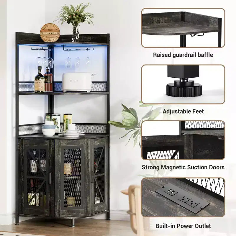 Mobile Bar ad Angolo Industriale con Presa Elettrica, Cantinetta Porta Bottiglie a 5 Livelli con Striscia LED e Porta Bicchieri, Armadietto Espositivo per Liquori per Bar di Casa