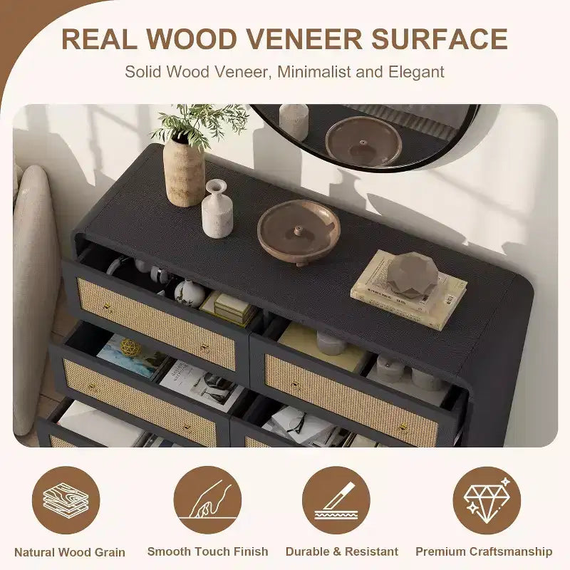 Cassettiera alta in rattan a 6 cassetti da 31" moderna per camera da letto e soggiorno