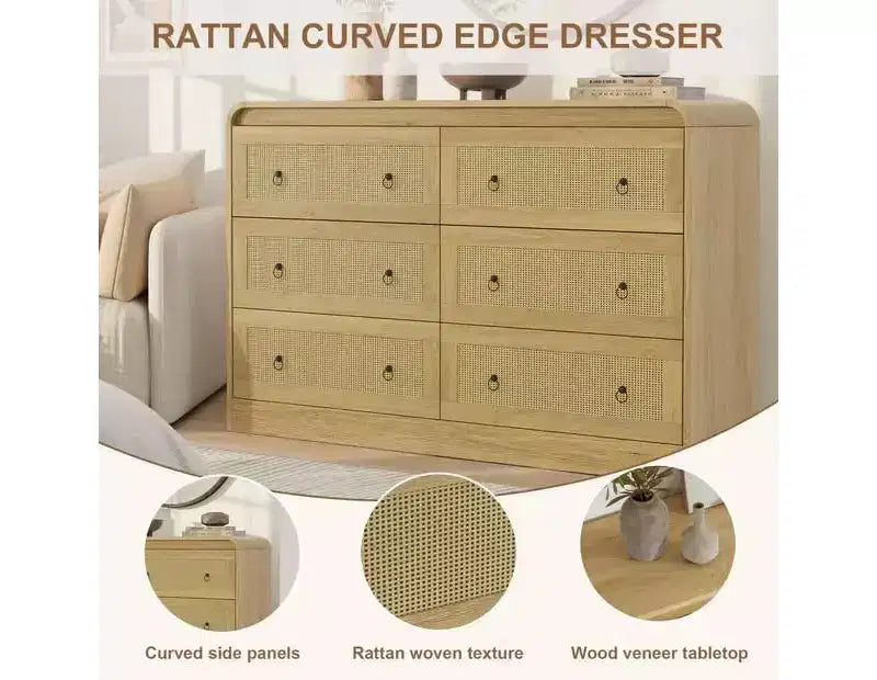 Cassettiera alta in rattan a 6 cassetti da 31" moderna per camera da letto e soggiorno