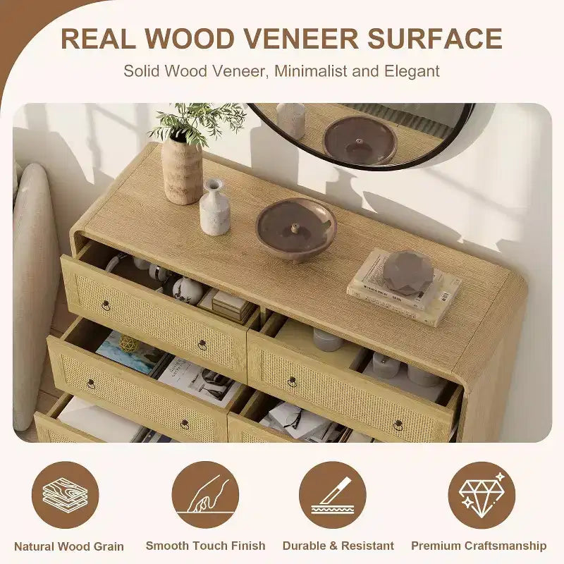 Cassettiera alta in rattan a 6 cassetti da 31" moderna per camera da letto e soggiorno