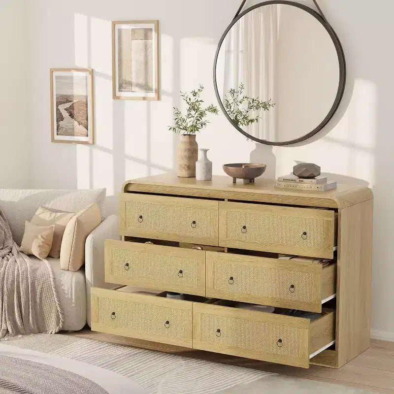 Cassettiera alta in rattan a 6 cassetti da 31" moderna per camera da letto e soggiorno