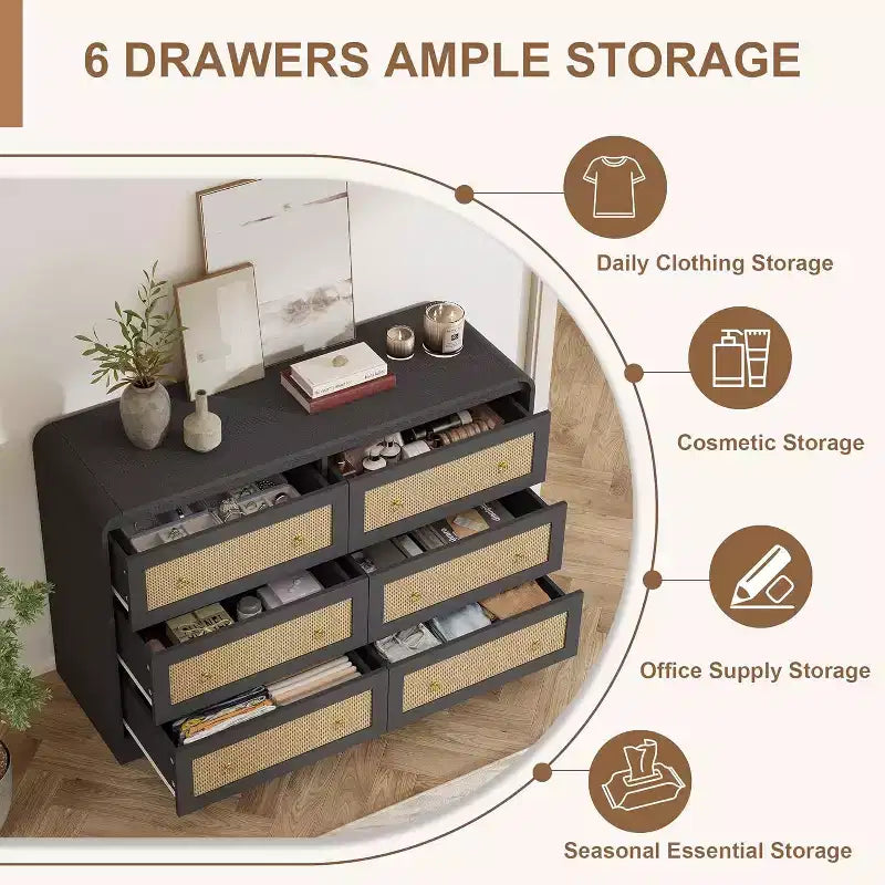 Cassettiera alta in rattan a 6 cassetti da 31" moderna per camera da letto e soggiorno