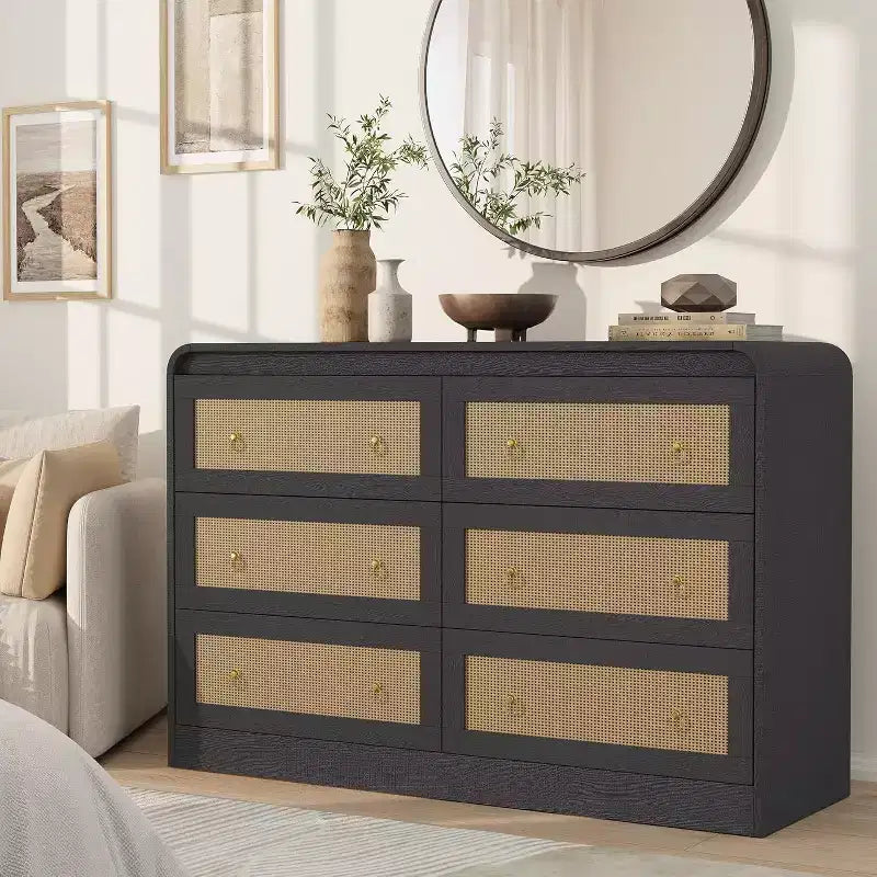 Cassettiera alta in rattan a 6 cassetti da 31" moderna per camera da letto e soggiorno