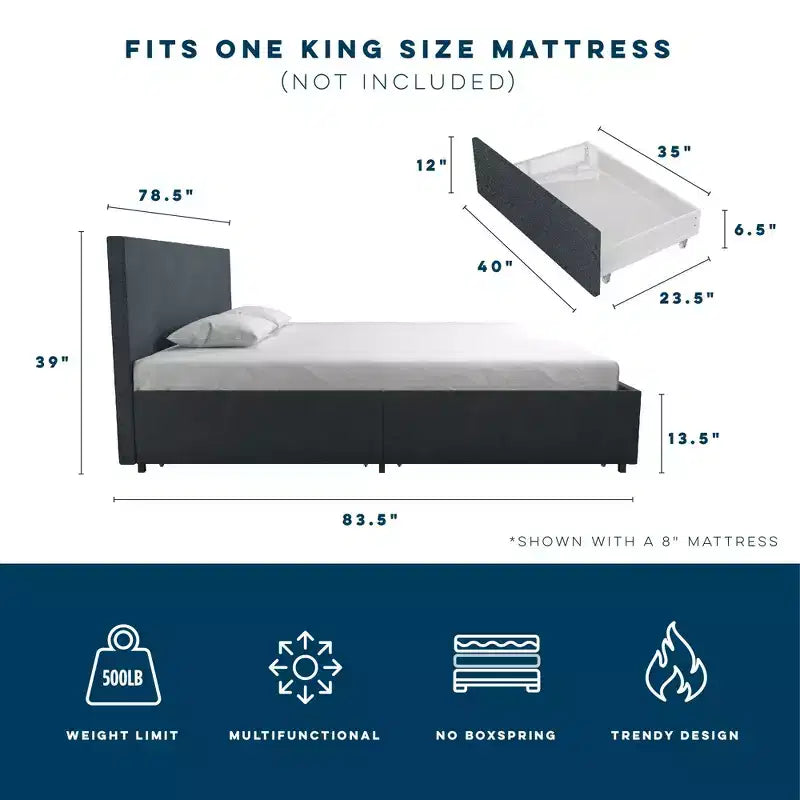 Letto a piattaforma imbottito in lino Everleigh con 4 cassetti contenitore
