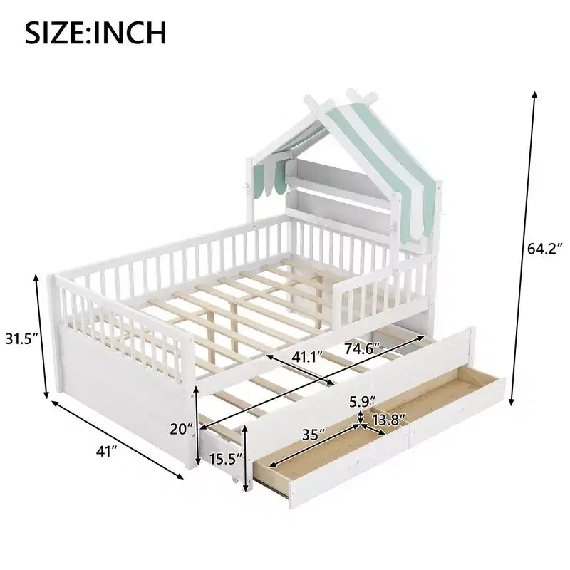 Letto a capanna in legno con letto estraibile e tessuto