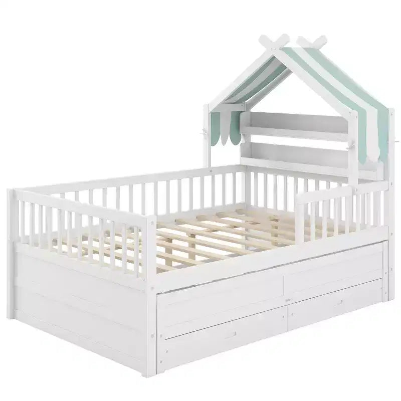 Letto a capanna in legno con letto estraibile e tessuto