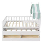 Letto a capanna in legno con letto estraibile e tessuto