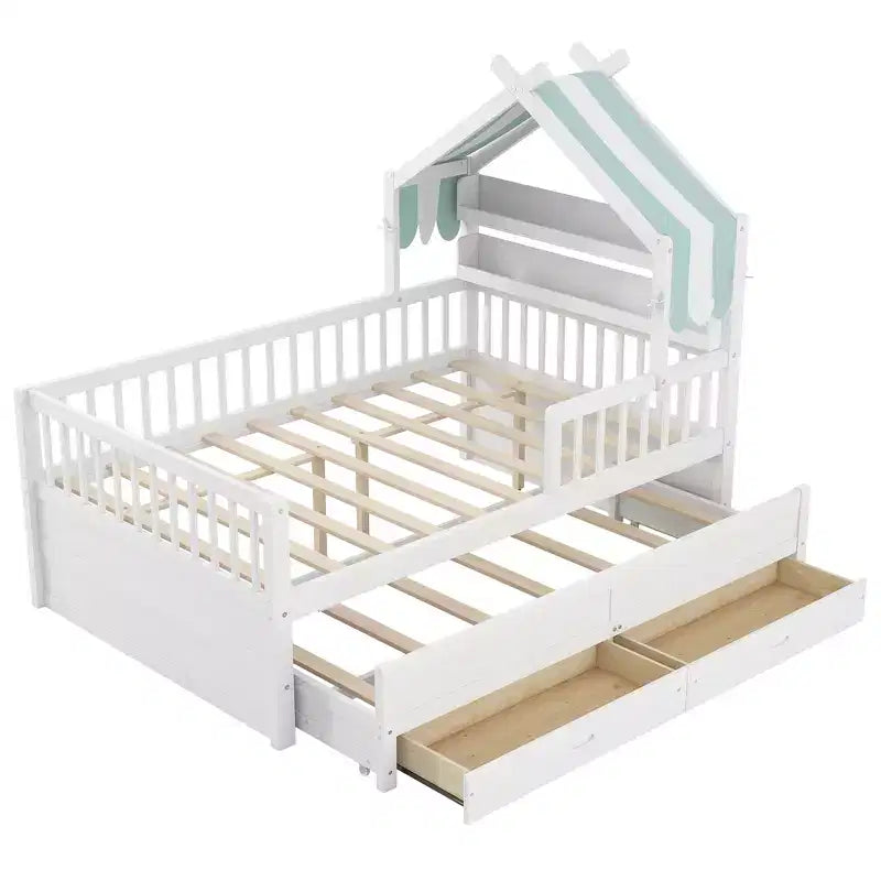 Letto a capanna in legno con letto estraibile e tessuto