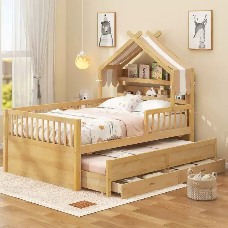 Letto a capanna in legno con letto estraibile e tessuto
