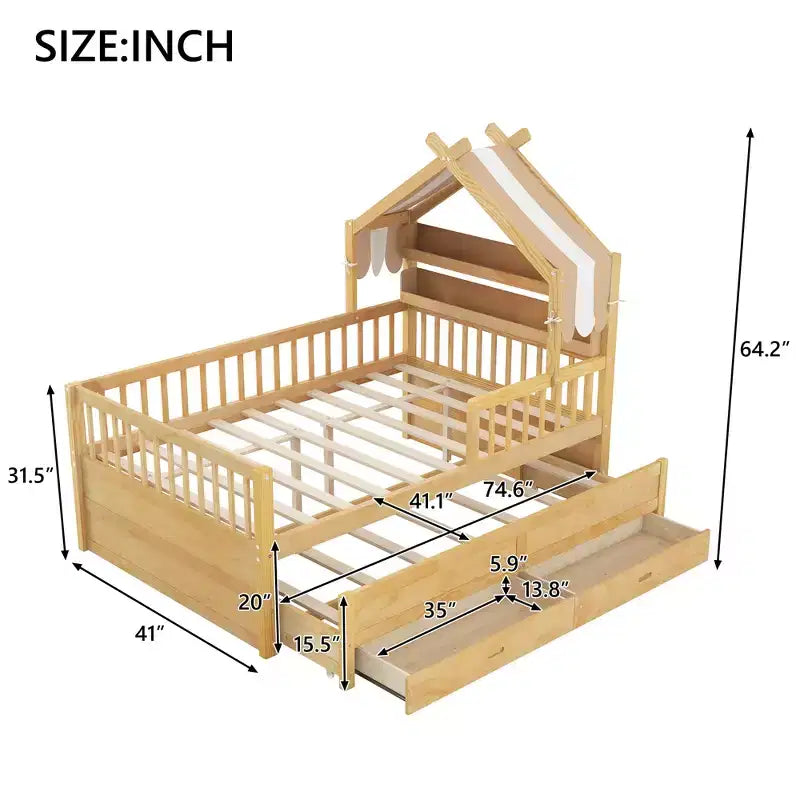 Letto a capanna in legno con letto estraibile e tessuto