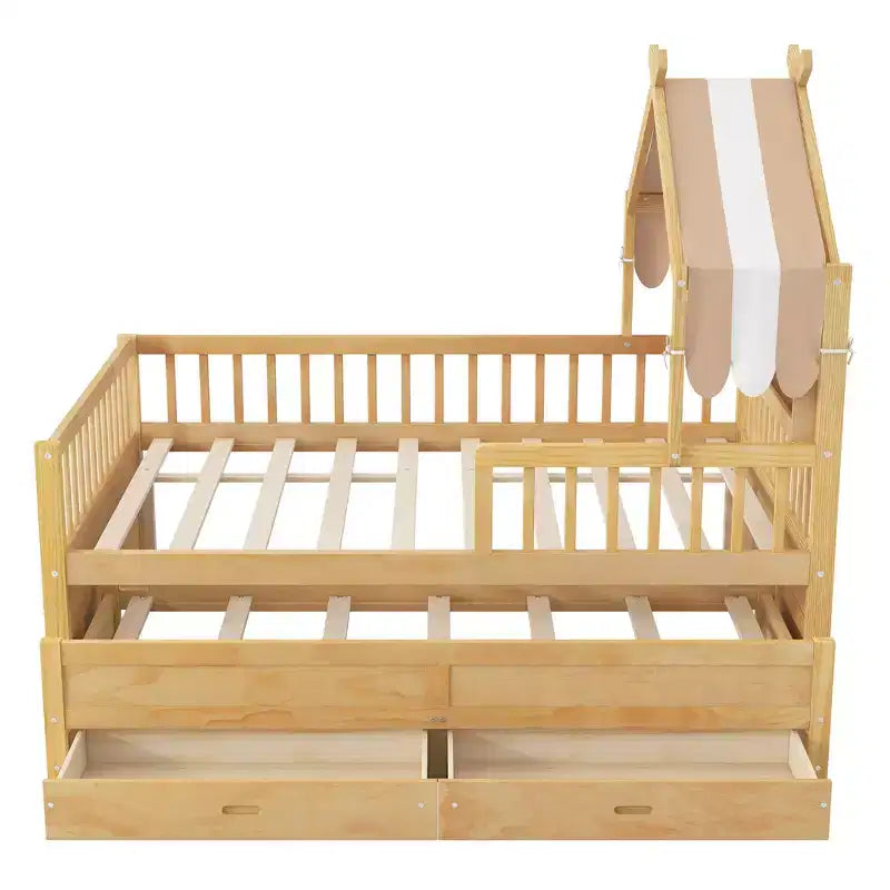 Letto a capanna in legno con letto estraibile e tessuto