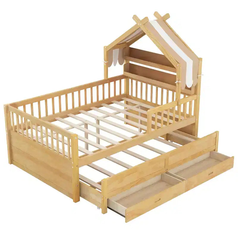 Letto a capanna in legno con letto estraibile e tessuto