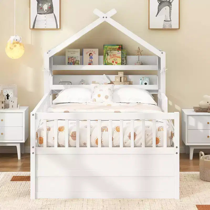 Letto a capanna in legno con letto estraibile e tessuto