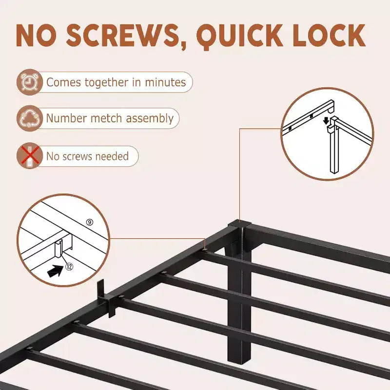 Struttura letto a piattaforma in metallo alta 40 cm, capacità 360 kg, non necessita di rete, assemblaggio senza viti con doghe rinforzate