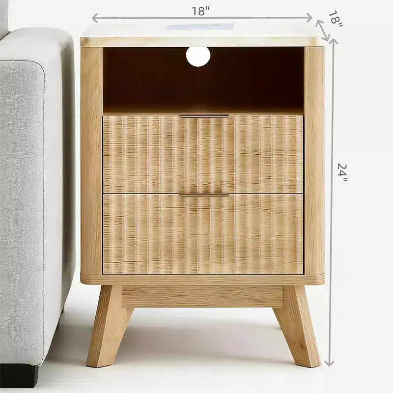 Comodino piccolo da 45,7 cm con stazione di ricarica, piano in finto marmo, comodino a 2 cassetti in rovere, comodino moderno curvo per camera da letto/soggiorno