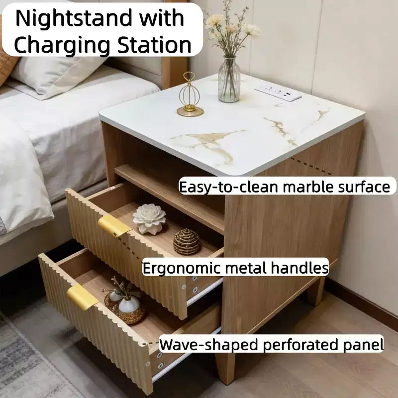 Comodino piccolo da 45,7 cm con stazione di ricarica, piano in finto marmo, comodino a 2 cassetti in rovere, comodino moderno curvo per camera da letto/soggiorno