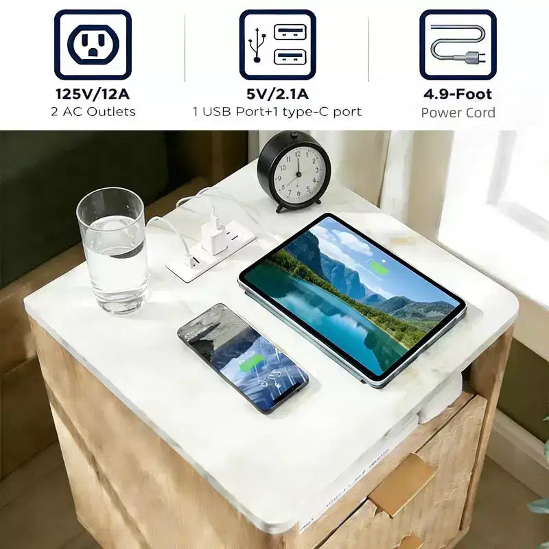 Comodino piccolo da 45,7 cm con stazione di ricarica, piano in finto marmo, comodino a 2 cassetti in rovere, comodino moderno curvo per camera da letto/soggiorno