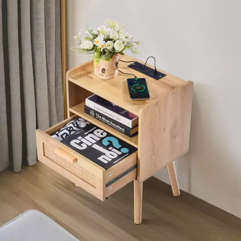 Comodino in Rattan con Cassetto e Ripiano Aperto, Tavolino da Comodino Bohemien