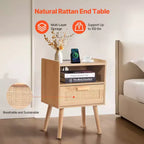 Comodino in Rattan con Cassetto e Ripiano Aperto, Tavolino da Comodino Bohemien