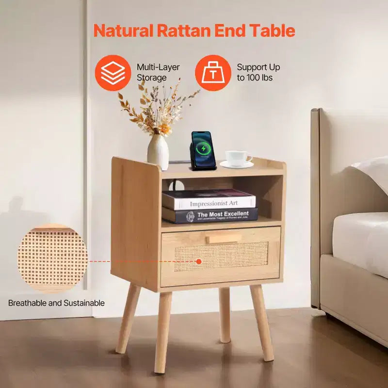 Comodino in Rattan con Cassetto e Ripiano Aperto, Tavolino da Comodino Bohemien