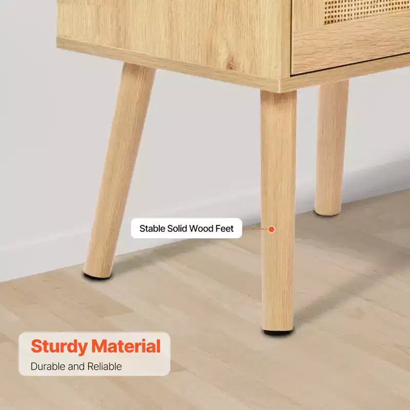 Comodino in Rattan con Cassetto e Ripiano Aperto, Tavolino da Comodino Bohemien