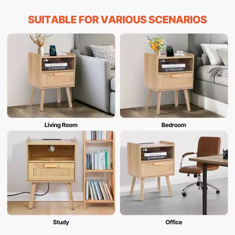 Comodino in Rattan con Cassetto e Ripiano Aperto, Tavolino da Comodino Bohemien