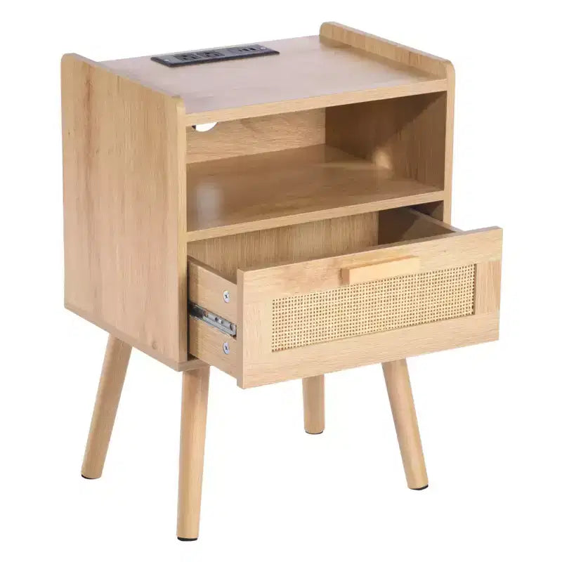 Comodino in Rattan con Cassetto e Ripiano Aperto, Tavolino da Comodino Bohemien