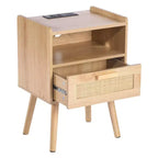 Comodino in Rattan con Cassetto e Ripiano Aperto, Tavolino da Comodino Bohemien