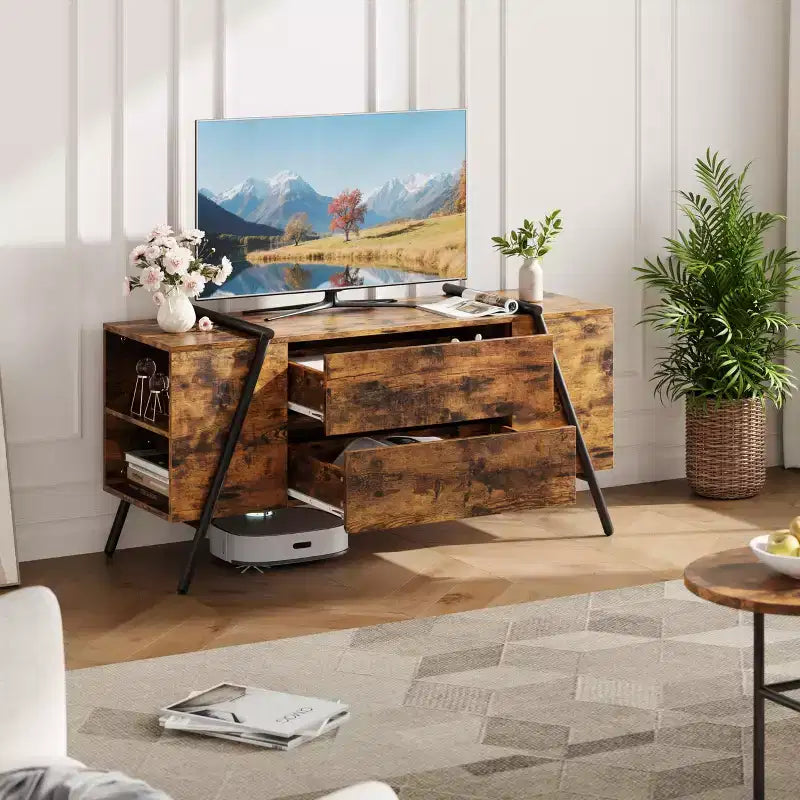 Mobile Porta TV per Televisori Fino a 60 pollici, Moderno Centro di Intrattenimento con Cassetti e Gambe Metalliche a U, Consolle Multimediale per Soggiorno
