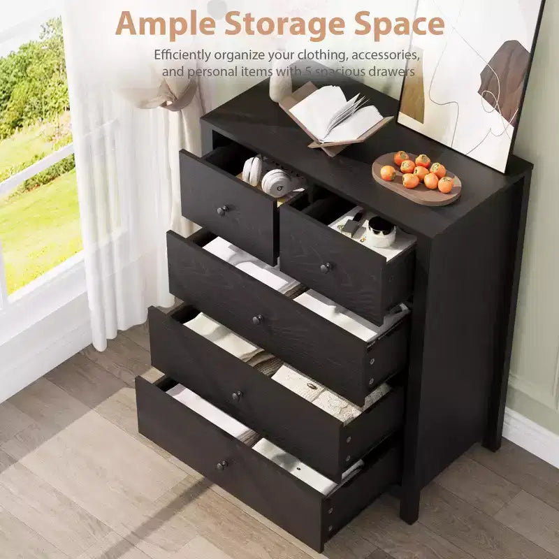 Comò moderno in rovere naturale, con 5 cassetti profondi, doppio cassettone in legno per camera da letto, cameretta, ingresso, corridoio
