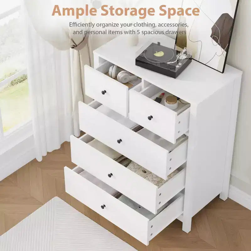 Comò moderno in rovere naturale, con 5 cassetti profondi, doppio cassettone in legno per camera da letto, cameretta, ingresso, corridoio