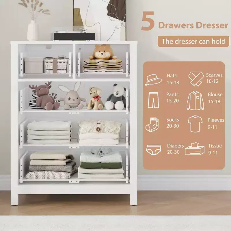 Comò moderno in rovere naturale, con 5 cassetti profondi, doppio cassettone in legno per camera da letto, cameretta, ingresso, corridoio