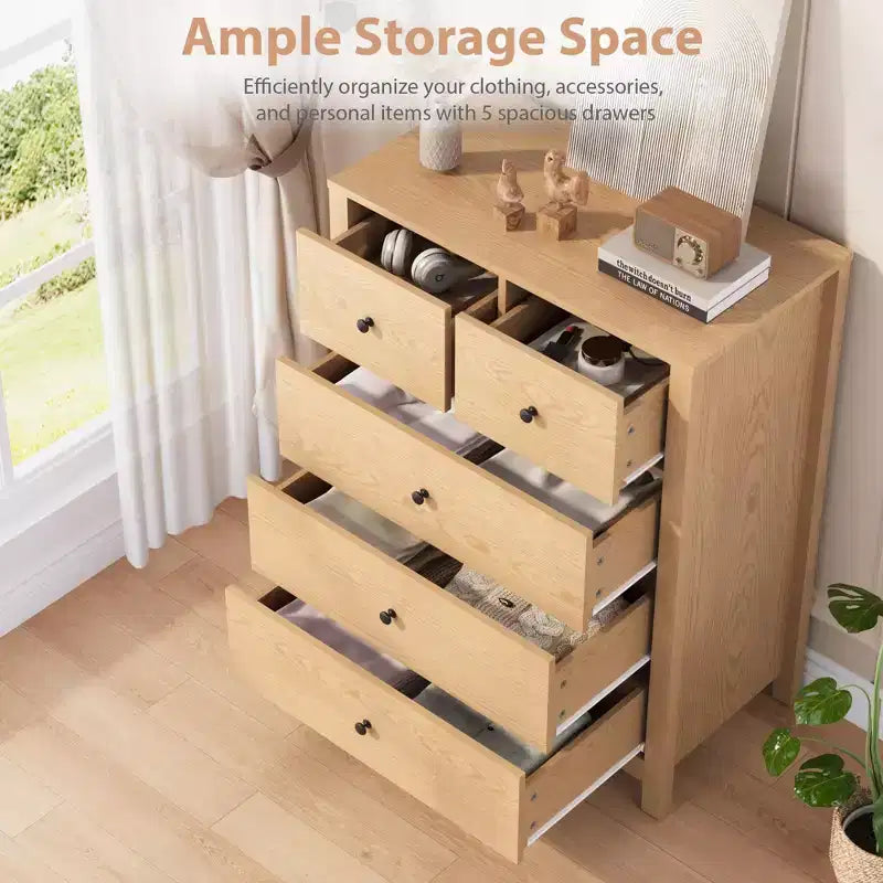 Comò moderno in rovere naturale, con 5 cassetti profondi, doppio cassettone in legno per camera da letto, cameretta, ingresso, corridoio