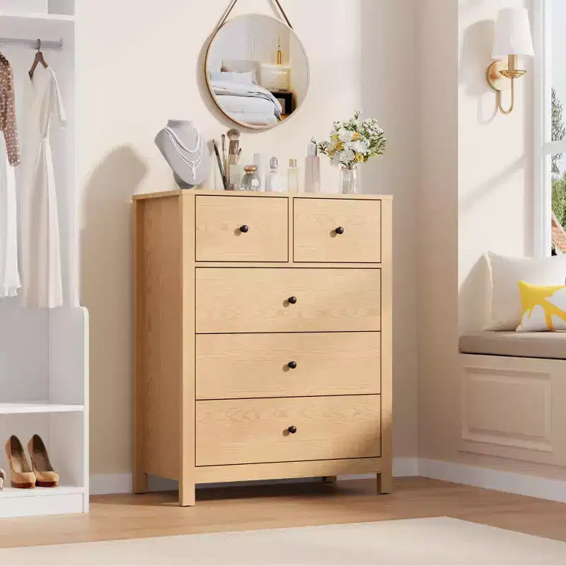 Comò moderno in rovere naturale, con 5 cassetti profondi, doppio cassettone in legno per camera da letto, cameretta, ingresso, corridoio