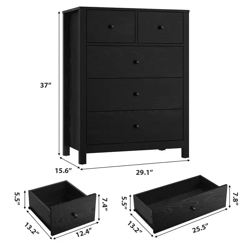 Comò moderno in rovere naturale, con 5 cassetti profondi, doppio cassettone in legno per camera da letto, cameretta, ingresso, corridoio