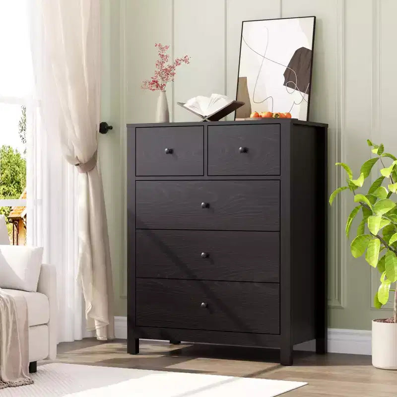 Comò moderno in rovere naturale, con 5 cassetti profondi, doppio cassettone in legno per camera da letto, cameretta, ingresso, corridoio