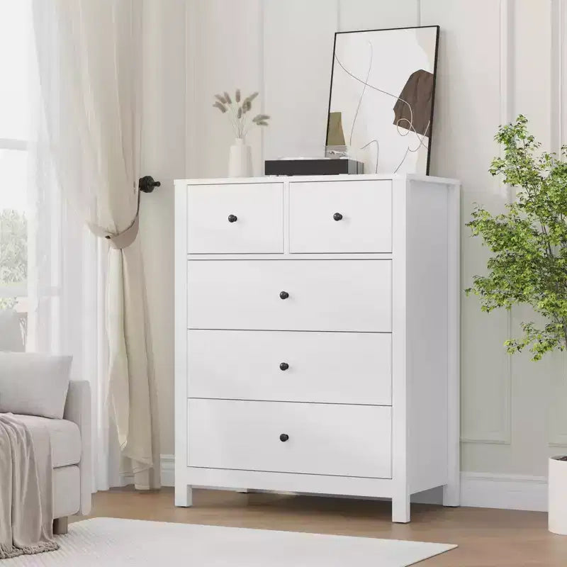 Comò moderno in rovere naturale, con 5 cassetti profondi, doppio cassettone in legno per camera da letto, cameretta, ingresso, corridoio