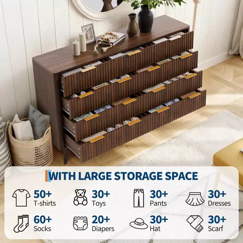 Cassettiera a 9 cassetti scanalata, cassettiera in legno con motivo a onde scanalate, cassettiera moderna per TV, per camera da letto, soggiorno, ingresso