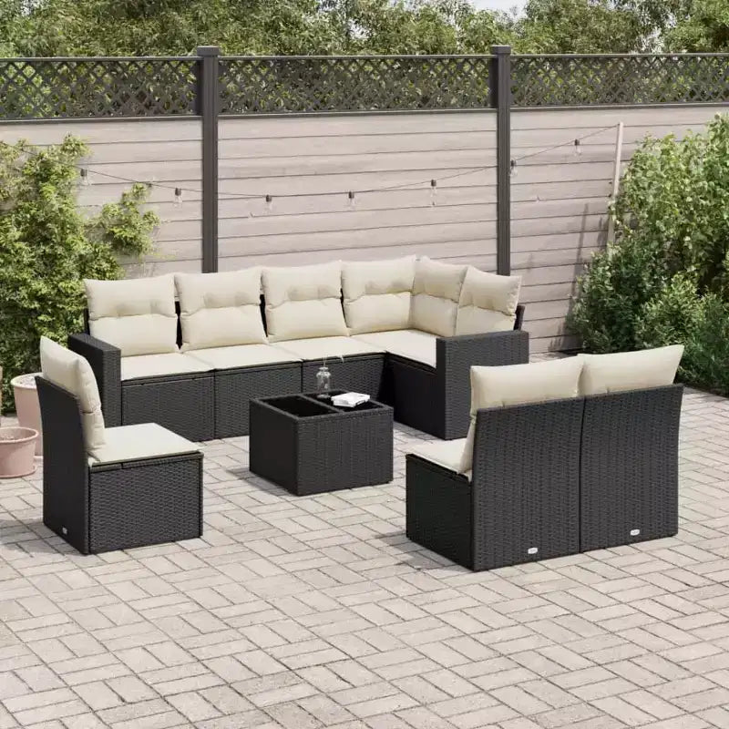 Divano da Giardino Nero, Bianco Crema 9 Pezzi