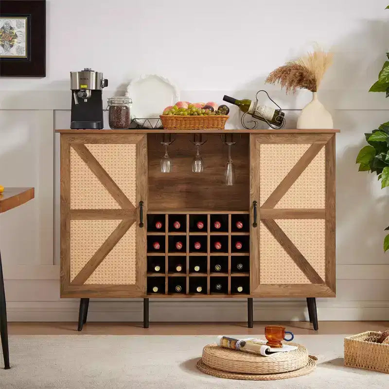 Mobile contenitore rustico in legno e simil-rattan, 38,2A, con scomparti quadrati, ripiani, 2 ante e scaffali rimovibili, 4Q
