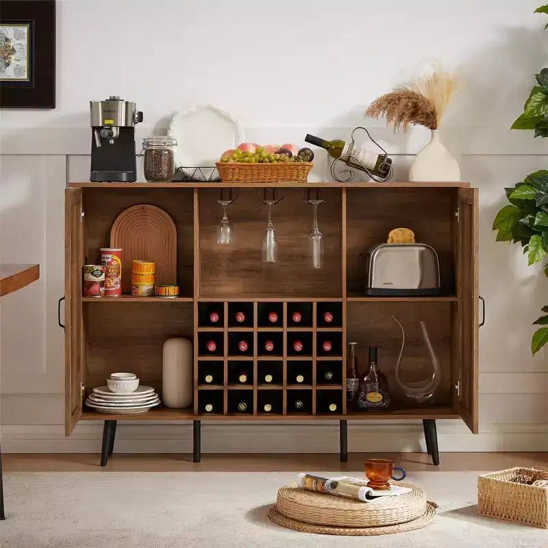 Mobile contenitore rustico in legno e simil-rattan, 38,2A, con scomparti quadrati, ripiani, 2 ante e scaffali rimovibili, 4Q