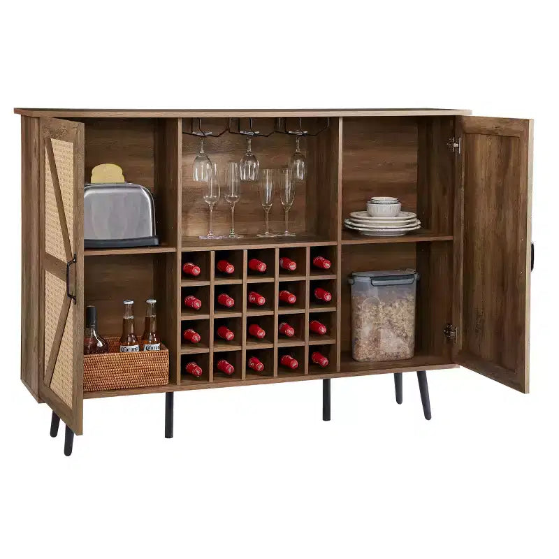 Mobile contenitore rustico in legno e simil-rattan, 38,2A, con scomparti quadrati, ripiani, 2 ante e scaffali rimovibili, 4Q