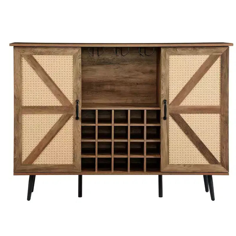 Mobile contenitore rustico in legno e simil-rattan, 38,2A, con scomparti quadrati, ripiani, 2 ante e scaffali rimovibili, 4Q