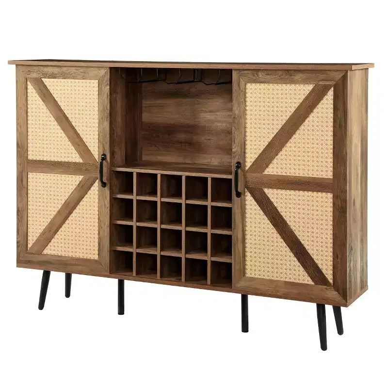 Mobile contenitore rustico in legno e simil-rattan, 38,2A, con scomparti quadrati, ripiani, 2 ante e scaffali rimovibili, 4Q