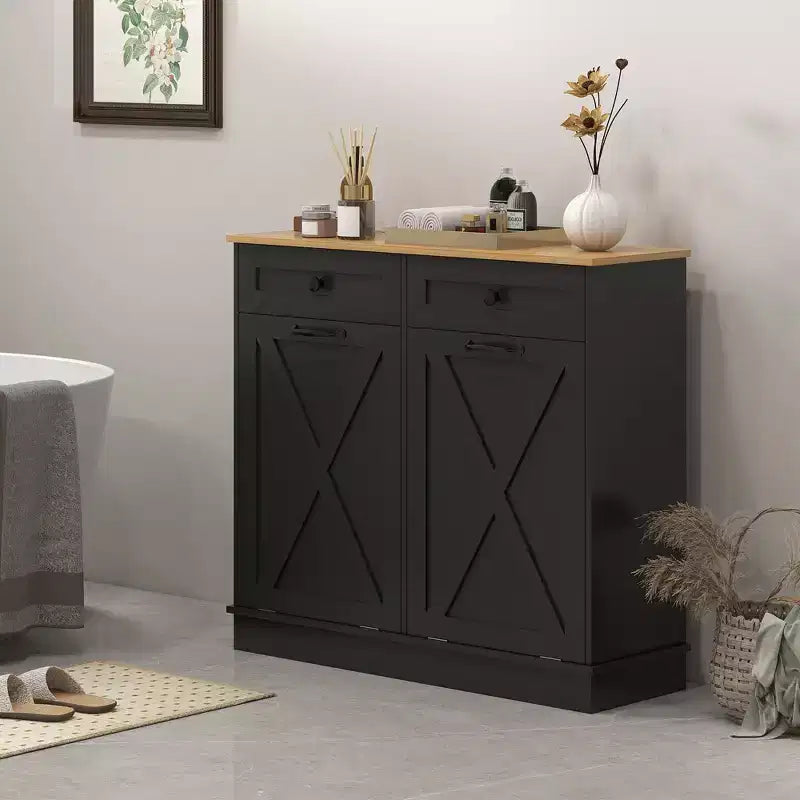 Mobile da bagno con cesto portabiancheria inclinabile e 2 cassetti, con 2 cesti rimovibili