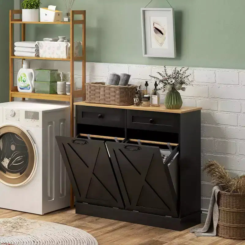 Mobile da bagno con cesto portabiancheria inclinabile e 2 cassetti, con 2 cesti rimovibili